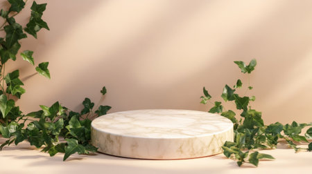 A glossy marble round podium surrounded by elegant green ivy leaves, set against a light peach wall with soft shadows for a refined natural display.の素材