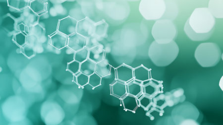 Bright hexagonal network pattern in soft green and white tones, representing data flow and connectivity, with a futuristic and minimalist feel.の素材