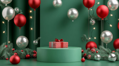 A minimalist green podium surrounded by floating silver and red balloons, a festive gift box with holly patterns, and twinkling Christmas lights illuminating the scene.の素材