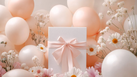 A simple white podium surrounded by soft-colored balloons, a gift box with a big bow, and flowers placed gently around for a heartwarming Mother's Day setup.の素材