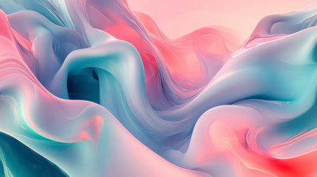Vibrant liquid gradient waves in coral and teal, with fluid curves interplaying with angular geometric shapes, creating a dynamic abstract visual.の素材