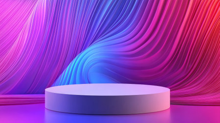 A dynamic 3D podium with a glossy white surface, positioned in front of an abstract background of bold, colorful swirls and lines on a gradient purple-to-blue backdrop.の素材