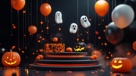 A spooky podium with ghost-shaped balloons floating around, a Halloween gift box wrapped in orange and black, and glowing pumpkin decorations on the stage.の素材