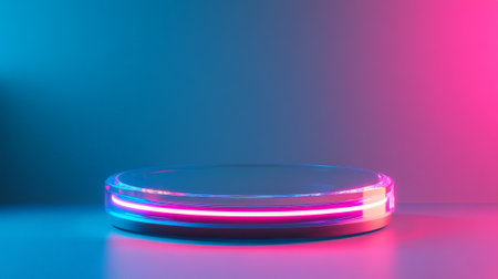 A futuristic 3D platform with a translucent pedestal and neon pink accents, set on a gradient blue background, perfect for modern product displays.の素材