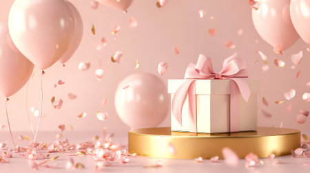 A golden podium with pastel pink balloons and a large gift box wrapped in ribbon, with delicate flower petals scattered around for a luxurious Mother's Day celebration.の素材
