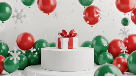 A minimalist white podium surrounded by green and red balloons, a gift box wrapped in shimmering ribbon, and snowflakes gently falling for a cheerful holiday display.の素材