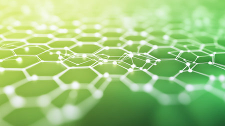 A clean, abstract networking background with a hexagonal grid in white and light green, connected by thin glowing lines on a soft gradient background.の素材