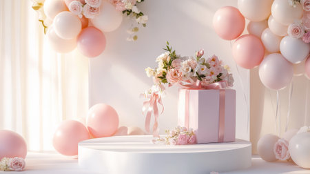 A delicate white round podium with pastel balloons, a large pink gift box, and floral accents creating a festive Mother's Day celebration.の素材