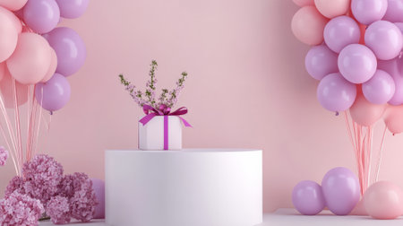 A minimalist white podium with floating pink and purple balloons, a small gift box with a ribbon, and a floral display for a heartwarming Mother's Day celebration.の素材