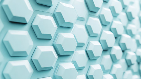 Minimalist hexagonal grid in soft pastel blue and light gray, symbolizing efficient data flow and seamless network connections in a clean, modern style.の素材
