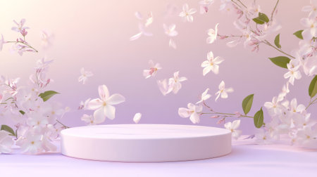 A calming 3D scene featuring a white podium with delicate jasmine flowers falling in the breeze, against a light lavender sky backdrop, ideal for a tranquil display.の素材