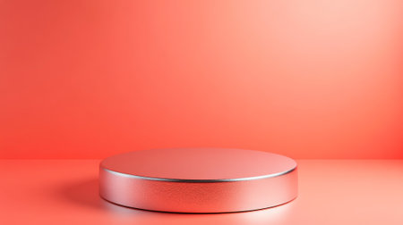 A round metallic silver pedestal on a soft coral background, featuring a minimalist 3D stage with subtle lighting for elegant product presentation.の素材