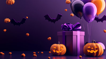A spooky podium with bat-shaped balloons, a Halloween gift box wrapped in purple ribbon, and glowing pumpkin decorations scattered around.の素材