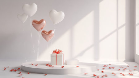 A sleek white podium with heart-shaped balloons floating above, a gift box on display, and floral petals scattered around for a sophisticated Mother's Day setup.の素材