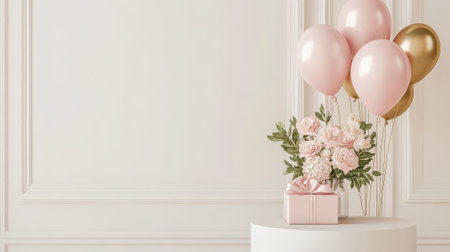 A minimalist white podium decorated with pink and gold balloons, a gift box wrapped in pastel paper, and floral accents for a joyful Mother's Day display.の素材