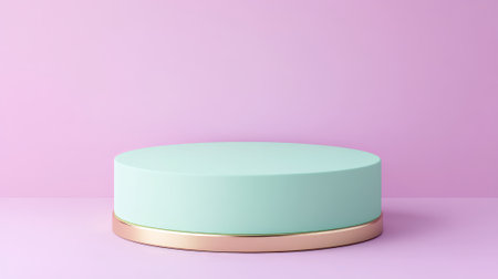 A minimalist 3D round platform in soft mint green, with a glossy gold pedestal, set on a pastel lavender background for modern product display.の素材