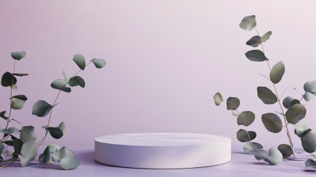 A minimalist round podium with a smooth white surface, surrounded by delicate eucalyptus leaves, set against a soft lavender background for a calming effect.の素材