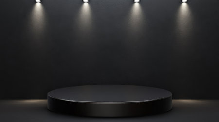 A matte black podium with metallic silver accents, set on a dark gray background with spotlight lighting, ideal for premium product display.の素材