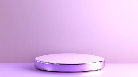 Soft pink podium with a silver round pedestal, placed against a delicate lavender gradient background with subtle lighting for luxury product display.の素材
