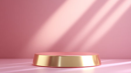 A luxurious 3D podium with a gold metallic round pedestal on a soft blush pink background, perfect for product display with spotlight lighting.の素材