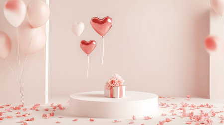 A sleek white podium with heart-shaped balloons floating above, a gift box on display, and floral petals scattered around for a sophisticated Mother's Day setup.の素材