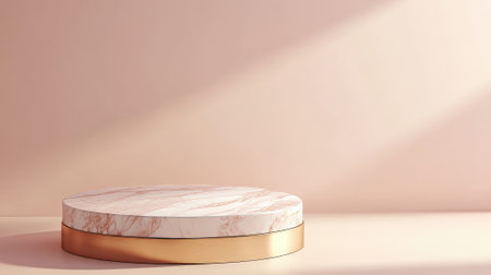 Luxurious 3D round platform with a marble and rose gold pedestal, placed against a soft peach gradient background with clean spotlighting.の素材