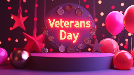A modern podium adorned with military-themed decorations like dog tags, medals, and stars, with a glowing "Veterans Day" sign in bold letters.の素材