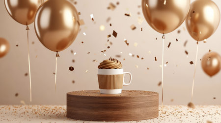 A cozy wooden podium with gold and brown balloons, a coffee cup gift box, and confetti falling gently for a fun International Coffee Day celebration.の素材