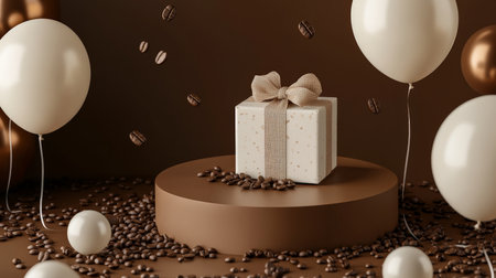 A cozy brown podium with floating beige and white balloons, a coffee-themed gift box tied with a ribbon, and scattered coffee beans for a warm International Coffee Day celebration.の素材