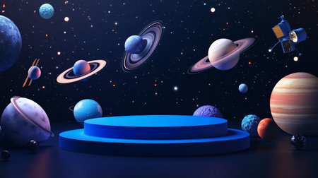 A dark blue podium with floating spacecrafts, satellites, and comets, with planets and stars surrounding the display for a cosmic World Space Week celebration.の素材