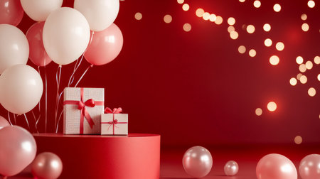A luxurious red podium with white and pink balloons, a gift box wrapped with a delicate ribbon, and twinkling lights for a dreamy Valentine's Day display.の素材