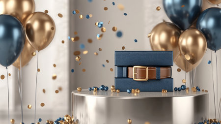 A sleek silver podium with blue and gold balloons, a gift box with a belt and wallet design, and confetti scattered for a stylish Father's Day scene.の素材