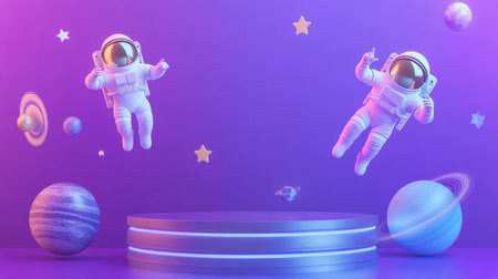 A sleek metallic podium with space-themed lights, featuring floating astronauts, stars, and planets for a futuristic World Space Week display.の素材