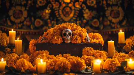 A podium adorned with vibrant marigolds, glowing candles, and sugar skulls, set against a dark, festive backdrop with intricate Mexican patterns for Day of the Dead.の素材