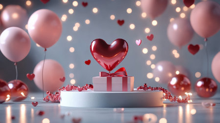 A cozy white podium surrounded by red and pink balloons, a heart-shaped gift box with a bow, and glowing fairy lights for a warm Valentine's Day scene.の素材