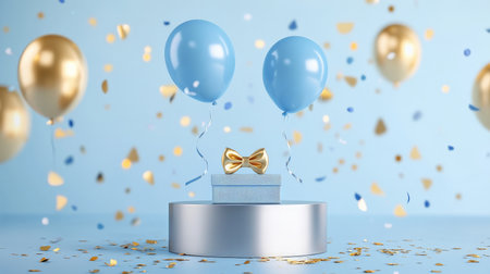 A minimalist silver podium with blue and gold balloons, a Father's Day gift box wrapped in a bowtie, and confetti gently falling for a warm celebration scene.の素材