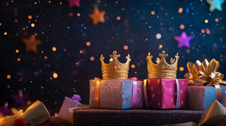 A podium with three gold crowns, incense burners, and brightly wrapped gifts, set against a starry backdrop to honor the Three Kings.の素材