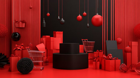 A minimalist black podium surrounded by bold red sale signs, shopping carts, and gift boxes, set against a dynamic, modern background for Black Friday.の素材