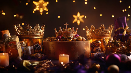 A podium surrounded by golden crowns, frankincense, and myrrh, with small wrapped gifts and glowing stars for a regal Three Kings Day celebration.の素材