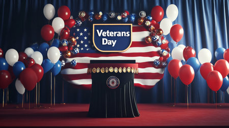 A podium draped in the American flag, with military medals, red, white, and blue balloons, and a bold "Veterans Day" sign above, against a backdrop of waving flags.の素材