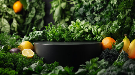 A sleek podium surrounded by fresh herbs, leafy greens, and vibrant fruits, highlighting sustainability and plant-based living for World Vegan Day.の素材