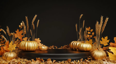 A Thanksgiving podium decorated with golden pumpkins, autumn leaves, and wheat stalks, celebrating the harvest season.の素材