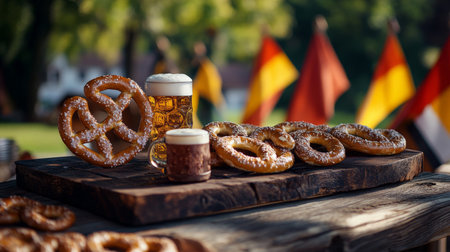 A podium with German flags, pretzels, and small beer mugs, set against a rustic outdoor scene for a lively Germany Day celebration.の素材