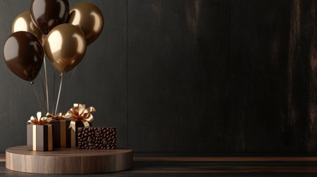 A sleek wooden podium with gold and dark brown balloons, a gift box tied with coffee bean-themed ribbon, and a cup of espresso for a warm celebration scene.の素材