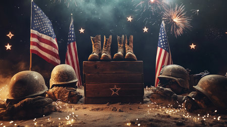 A rustic podium surrounded by military boots, helmets, and flags, set against a backdrop of stars and fireworks for a powerful Veterans Day tribute.の素材