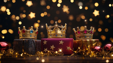 A podium with three royal crowns, golden lights, and jewel-toned gifts, set against a glowing starry backdrop for Three Kings Day.の素材