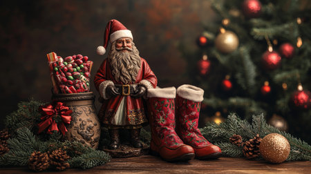 A podium with Saint Nicholas statue, festive stockings, candy-filled shoes, and Christmas greenery, celebrating Saint Nicholas Day in a warm holiday setting.の素材