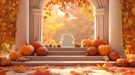 A Thanksgiving-themed podium decorated with pumpkins, acorns, and fall leaves, set against a cozy autumn background.の素材