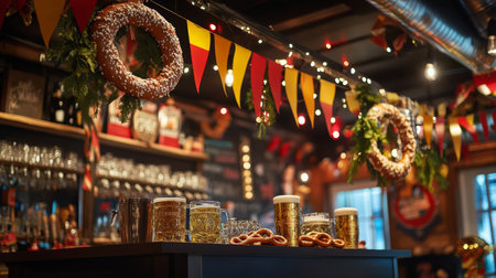 A podium adorned with black, red, and gold bunting, small German pretzels, and beer steins, creating a vibrant Germany Day celebration backdrop.の素材