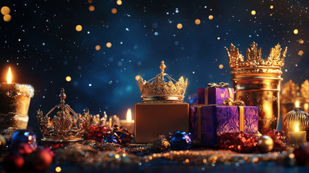 A podium surrounded by golden crowns, incense burners, and jewel-toned gifts, set against a starry night sky for Three Kings Day.の素材